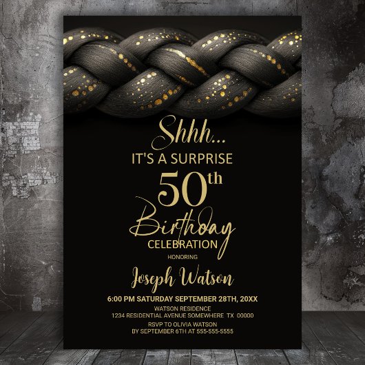 Invitation Tresse d'or gris Surprise 50e fête d'anniversaire