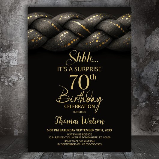 Invitation Tresse d'or gris Surprise 70e fête d'anniversaire