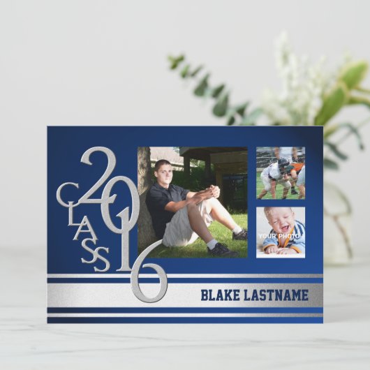 Invitation Tri photo 2016 Silver Varsity Stripe Graduate Bleu (Debout devant)