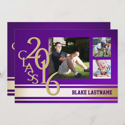 Invitation Tri photo Gold Purple Varsity 2016 (Devant / Derrière)