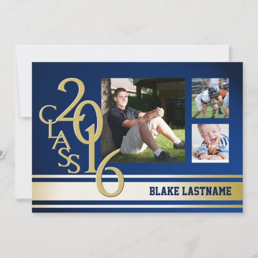 Invitation Tri photo Gold Varsity Stripe 2016 Bleu (Devant)