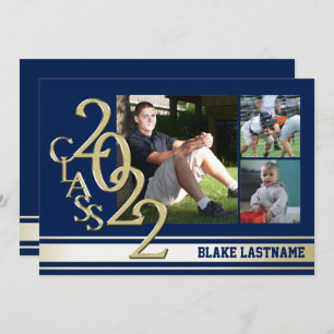 Invitation Tri photo Gold Varsity Stripe 2022 Bleu