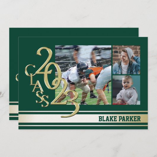 Invitation Tri photo vert 2023 Gold Varsity Stripe Graduate T (Devant / Derrière)