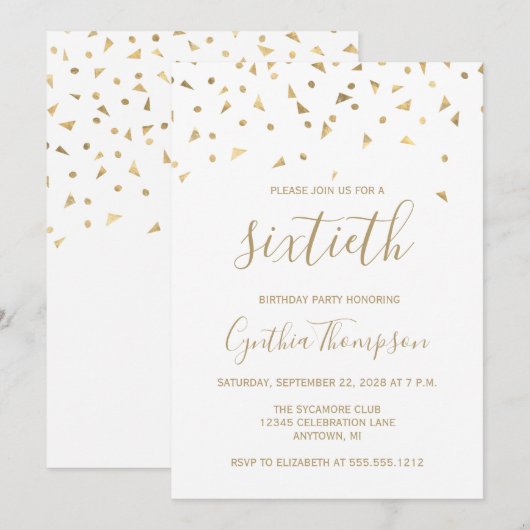 Invitation Triangles de confettis dorés pour une fête d'anniv (Devant / Derrière)