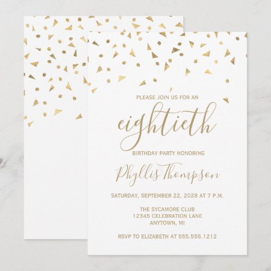 Invitation Triangles de confettis dorés pour une fête d'anniv (Devant / Derrière)
