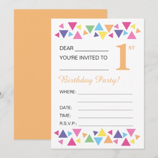 Invitation Triangles illusima, Arrière orange, 1ère fête (Devant / Derrière)