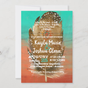 Invitation Tribal Boho Feather Turquoise Orange Mariage