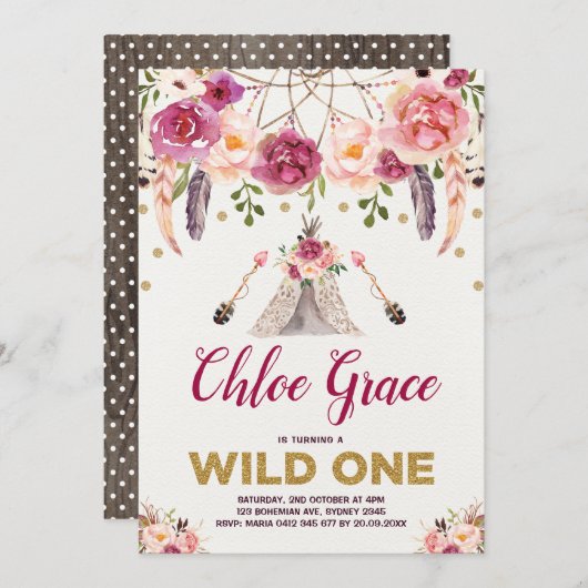 Invitation Tribal Boho Floral WILL ONE Birthday Party Teepee (Devant / Derrière)