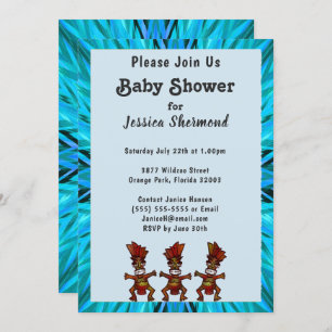Invitation Tribal Fertility Dance Bleu Baby shower Abstrait