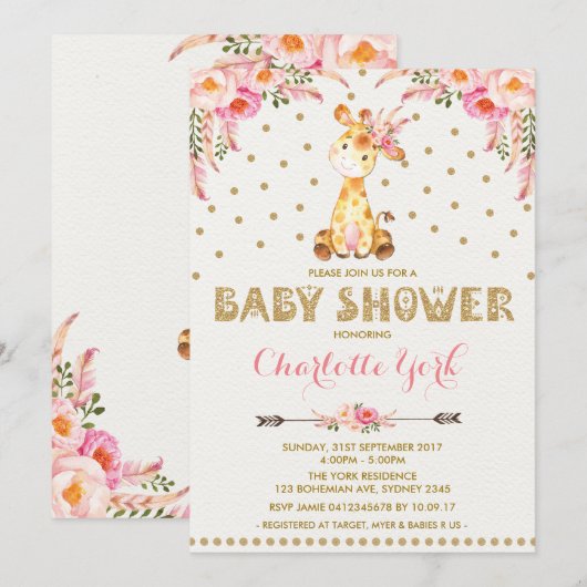 Invitation tribal floral de rose de baby shower de (Devant / Derrière)