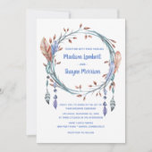 Invitation Tribal Native American Blue Feathers Boho Mariage (Devant)