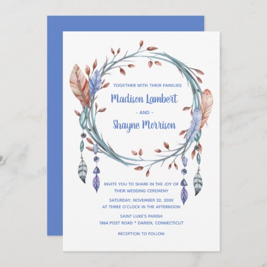 Invitation Tribal Native American Blue Feathers Boho Mariage (Devant / Derrière)