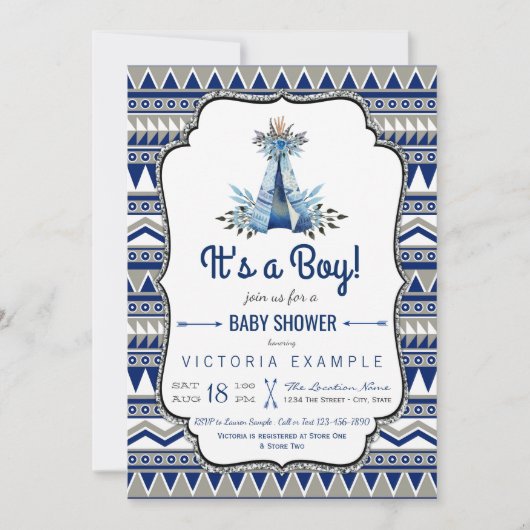 Invitation Tribal Teepee Blue Grey Boho Boho Baby shower (Devant)