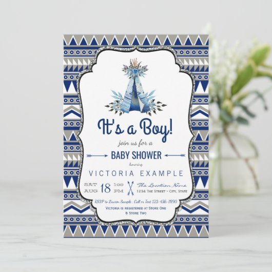 Invitation Tribal Teepee Blue Grey Boho Boho Baby shower (Debout devant)