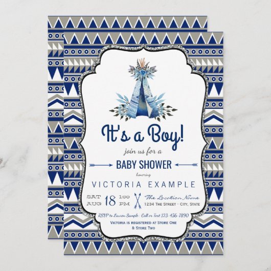 Invitation Tribal Teepee Blue Grey Boho Boho Baby shower (Devant / Derrière)