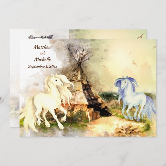 Invitation Tribal Tipi et Chevaux en Amour Boho Teepee Mariag (Devant / Derrière)