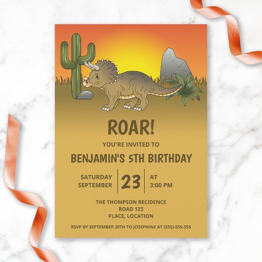 Invitation Tricératops Dinosaur dans le désert Anniversaire d