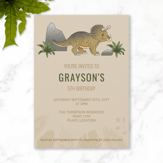 Invitation Tricératops Dinosaur Minimaliste Beige Anniversair