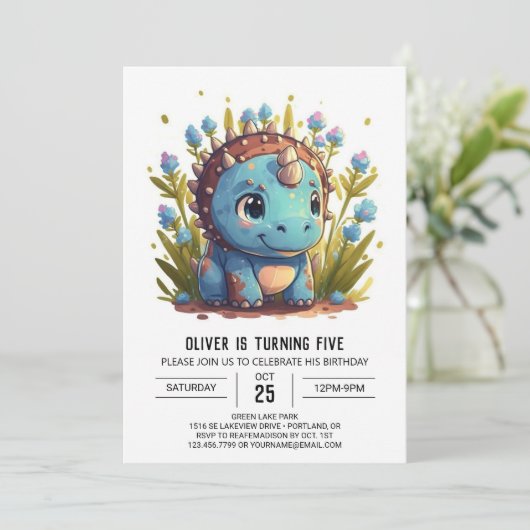 Invitation Tricératops Editable Dinosaur Boy Anniversaire (Debout devant)