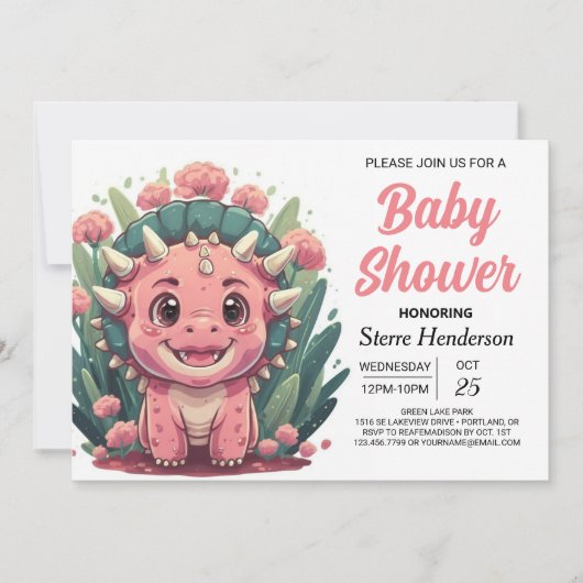 Invitation Tricératops Élégant Baby shower Dinosaur fille (Devant)