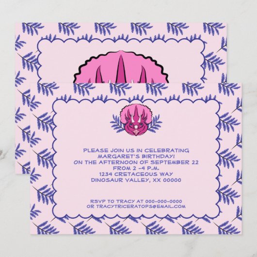 Invitation Tricératops Joli Dinosaure Rose fille Anniversaire (Devant / Derrière)