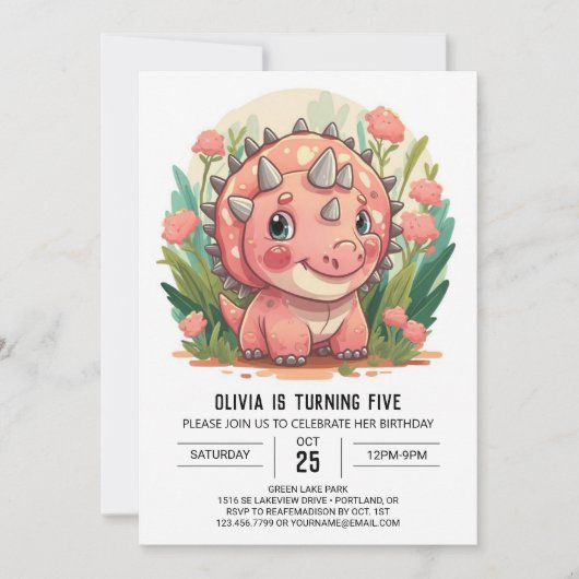 Invitation Tricératops rose enchantés Dinosaur fille Annivers (Devant)