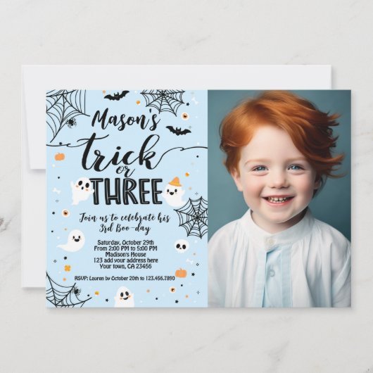 Invitation Trick or Three Blue Halloween Cute Ghost (Devant)