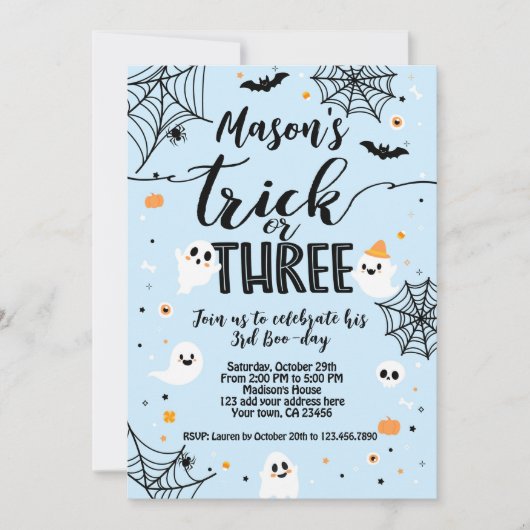 Invitation Trick or Three Blue Halloween Cute Ghost (Devant)