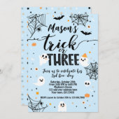 Invitation Trick or Three Blue Halloween Cute Ghost (Devant / Derrière)