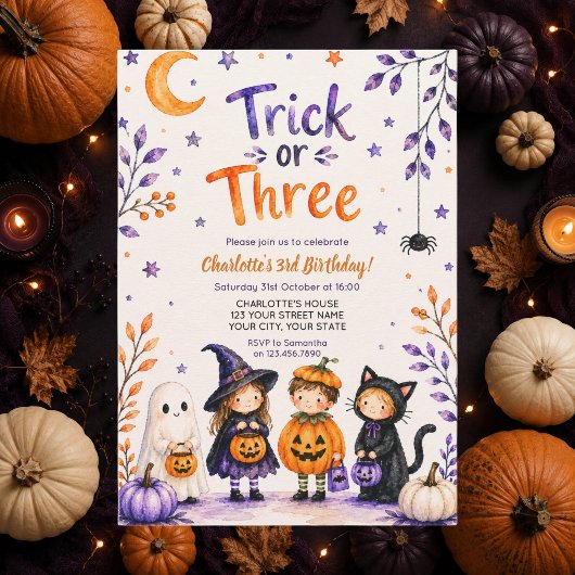 Invitation Trick or Three Cute Fun Halloween 3e Anniversaire