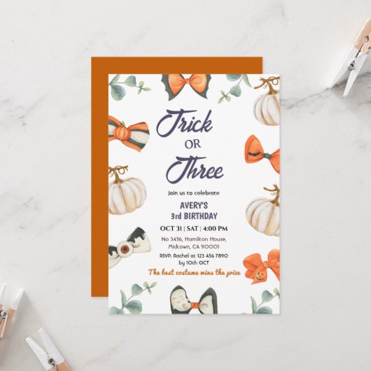 Invitation Trick or Three Halloween Anniversaire Citrouille B (Devant/Arrière en situation)