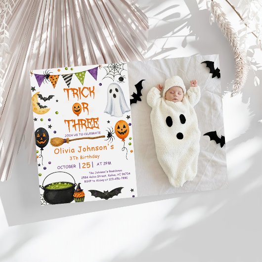 Invitation Trick Or Three Halloween Groovy Fantôme 3e Anniver