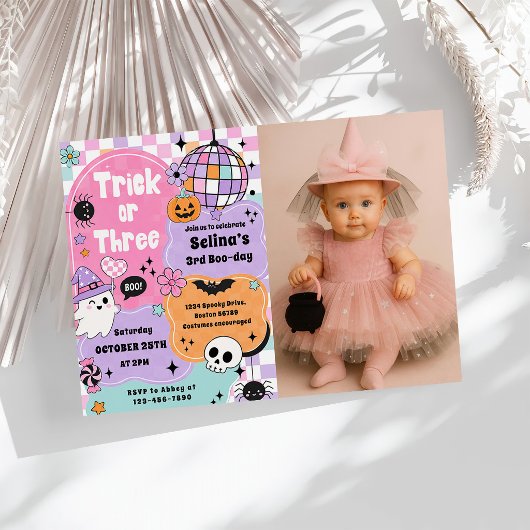 Invitation Trick Or Three Halloween Groovy Fantôme 3e Anniver