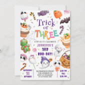 Invitation Trick or Three! Joli Anniversaire Violet Halloween (Devant)