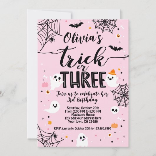 Invitation Trick or Three Pink Halloween Cute Ghost (Devant)