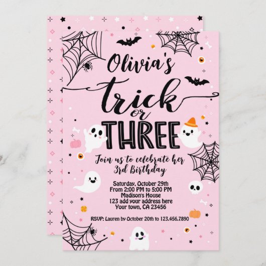 Invitation Trick or Three Pink Halloween Cute Ghost (Devant / Derrière)