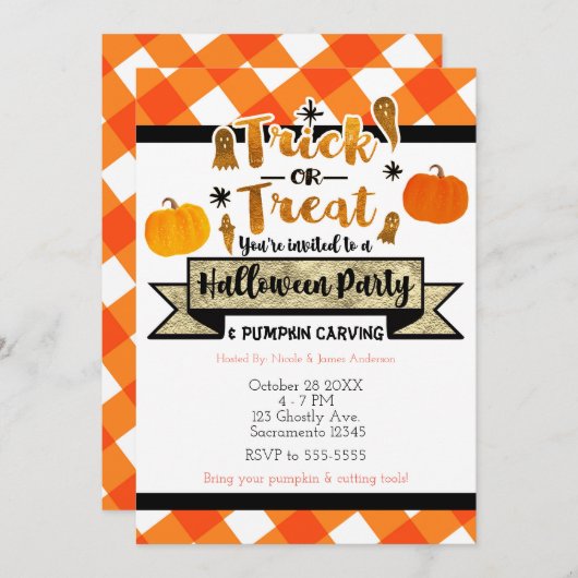 Invitation Trick or Treat Rustic Orange Halloween Party (Devant / Derrière)