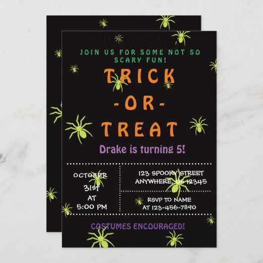 Invitation Trick ou traitement, Araignées d'Halloween, Éffray (Devant / Derrière)