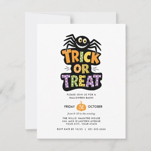 Invitation TRICK OU TRAITER CUTE SPIDER HALLOWEEN Bash Party (Devant)