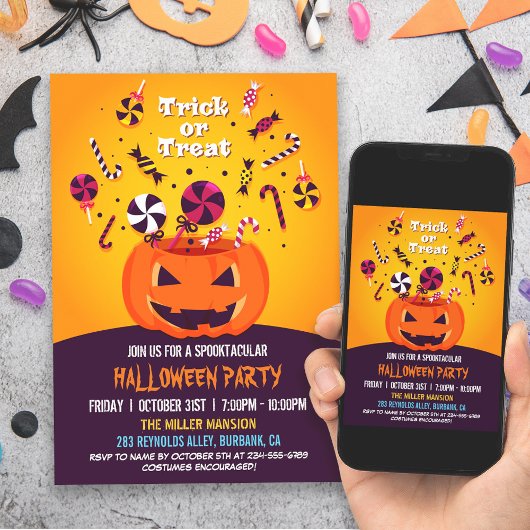 Invitation Trick ou Treat Jack-O-lantern Halloween Party