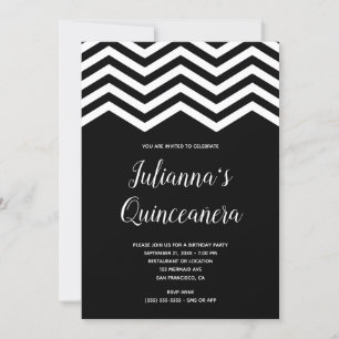 Invitation Trim Chevron Blanc et Noir pour Quinceañera Annive