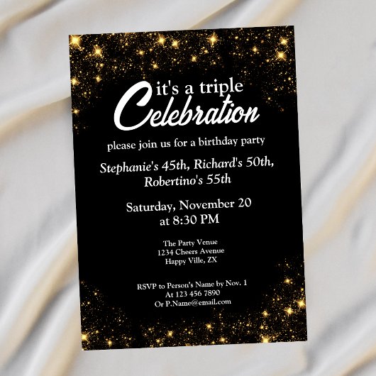 Invitation Triple Celebration Joint Birthday Gold Black 