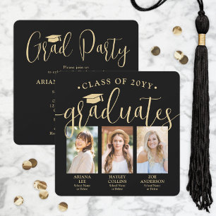 Invitation Triple Graduation Photos Black & Gold Joint Party