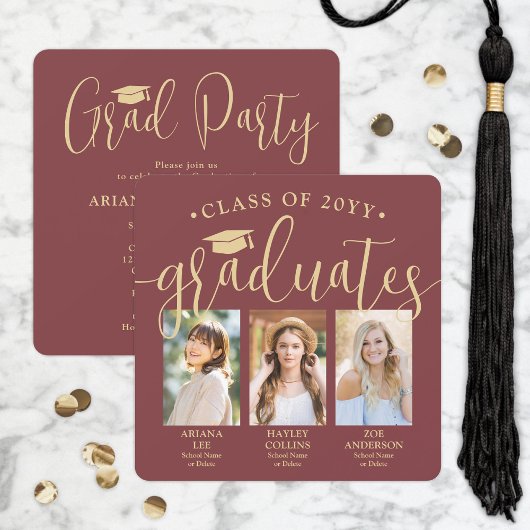Invitation Triple Graduation Photos Burgundy Gold Joint Party
