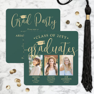 Invitation Triple Graduation Photos Green & Gold Joint Party