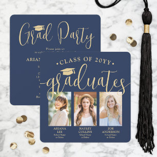 Invitation Triple Graduation Photos Marine & Gold Joint Party