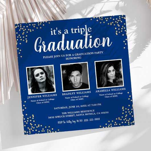 Invitation Triple Graduation Trois Photo Blue Party