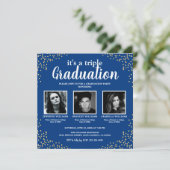 Invitation Triple Graduation Trois Photo Blue Party (Debout devant)