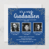 Invitation Triple Graduation Trois Photo Blue Party (Devant)