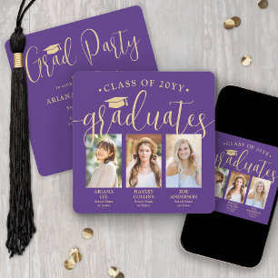 Invitation Triple Photos de Graduation Purple & Gold Joint Pa